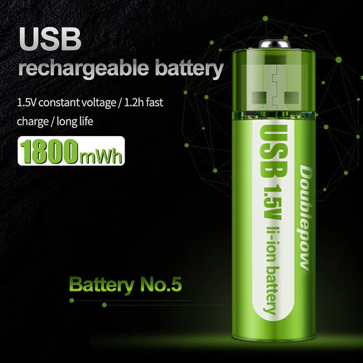 USB Rechargeable 1.5V AA Li-Ion Battery – 1800mWh High-Capacity for Electronic Devices