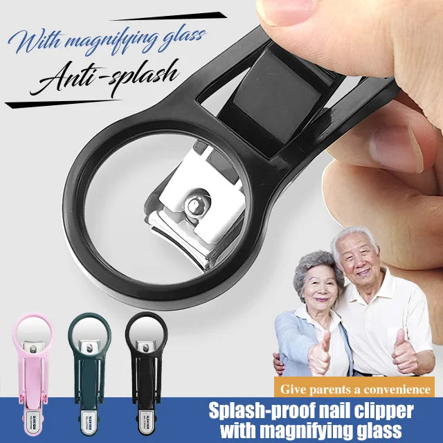 Splash-proof nail clipper with magnifying glass