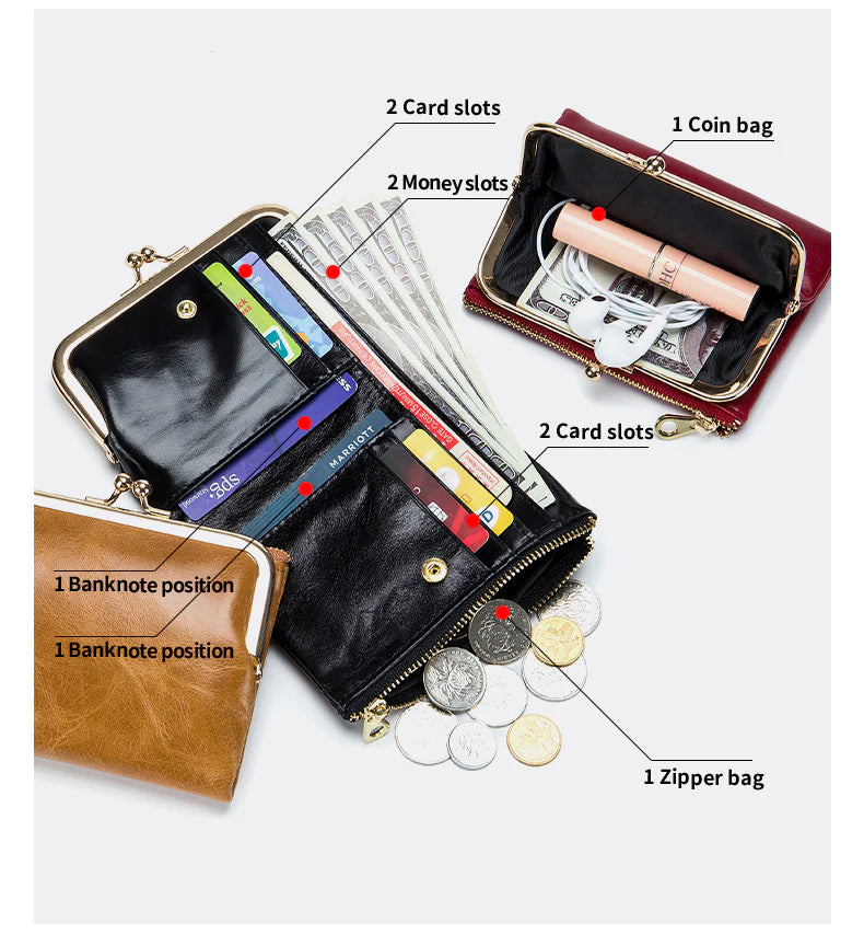 COWHIDE RETRO SHORT WALLET WOMEN'S MULTIFUNCTIONAL CLIP COIN PURSE